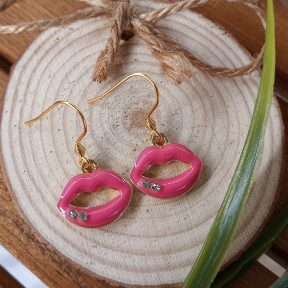 Pink Glam Lips Dangle Hook Earrings with Jewels - Picture 2 of 3